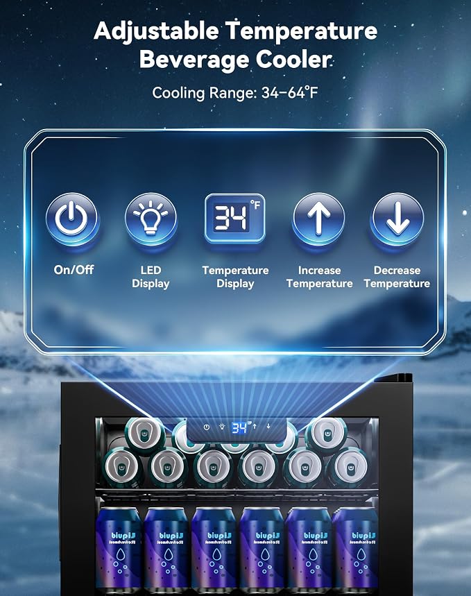 3.2 Cuft Beverage Fridge, 130 Can Mini Fridge With Glass Door, Black | Adjustable Shelves for Wine & Beer, Digital Temp Display, Freestanding for Home & Office, Quiet Compressor Cooling - Image 4