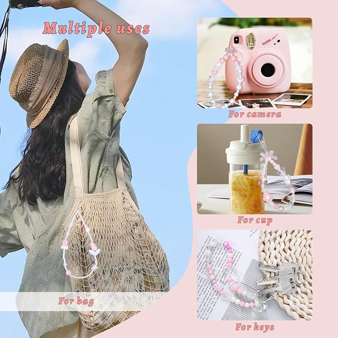 Pink Beaded Phone Wrist Straps, Y2K Phone Case Charms Camera Charm Strap - Image 3