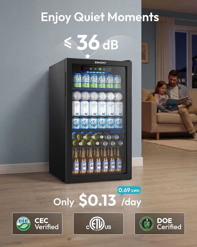EUHOMY Beverage Refrigerator and Cooler, 128 Can Mini fridge with Glass Door, Small Refrigerator with Removable Shelves for Soda Beer or Wine, Home/Bar/Office, Black - Image 7
