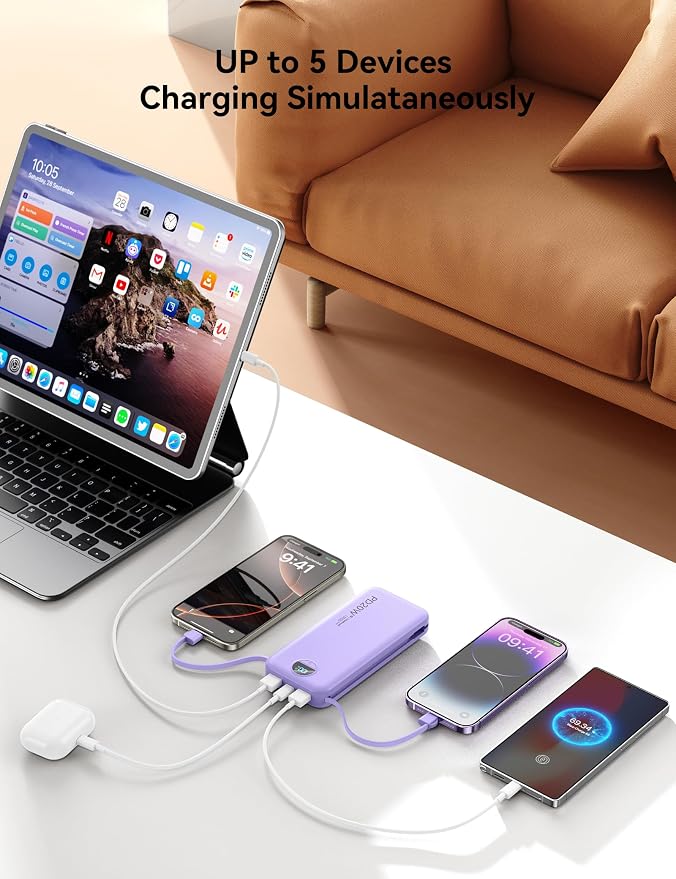 10000mAh Ultra-Portable-Charger-Power-Bank with Built in Cables&AC Wall Plug, PD20W USB-C Fast Charging Cell Phone Charger Battery Pack,LED Display Travel Battery Bank for All iPhone,Samsung,Android - Image 4
