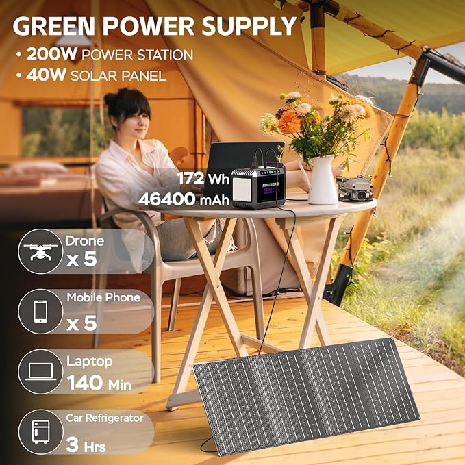 MARBERO 172Wh Solar Generator with 40W Solar Panel, Portable Solar Power Station 200W, Camping, Outdoor, Hiking, Fishing, Emergency, CPAP - Image 2