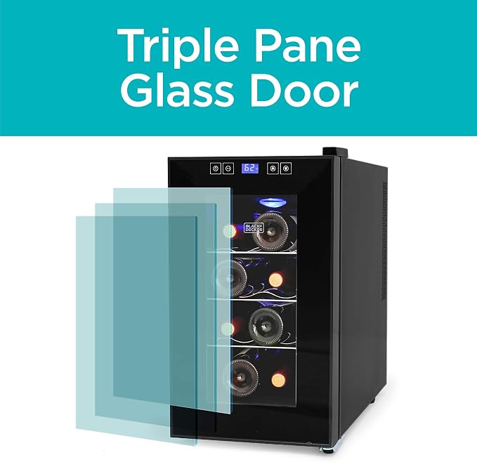 BLACK+DECKER 8-Bottle Thermoelectric Wine Cellar, BD60026, Black | Countertop Mini Fridge with Triple Pane Clear Glass Door, Bar Cabinet with LED Display, Slide-Out Chrome Racks - Image 2