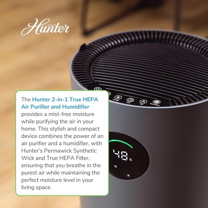 Hunter Fan Company Humidifier and Air Purifier In One, Advanced Filtration Air Purifiers for Home, Air Purifiers for Home Pets, Humidifiers for Bedroom and Humidifiers for Bedroom Baby, Grey/Silver - Image 2