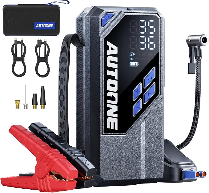 AUTOONE 10000A Jump Starter with Air Compressor, 24000mAh Jump Box with Tire Inflator (All Gas & Diesel) Portable Car Battery Booster Jumper Starter Pack, Jumper Cables, Type C, 60W Charging, Light by AUTOONE