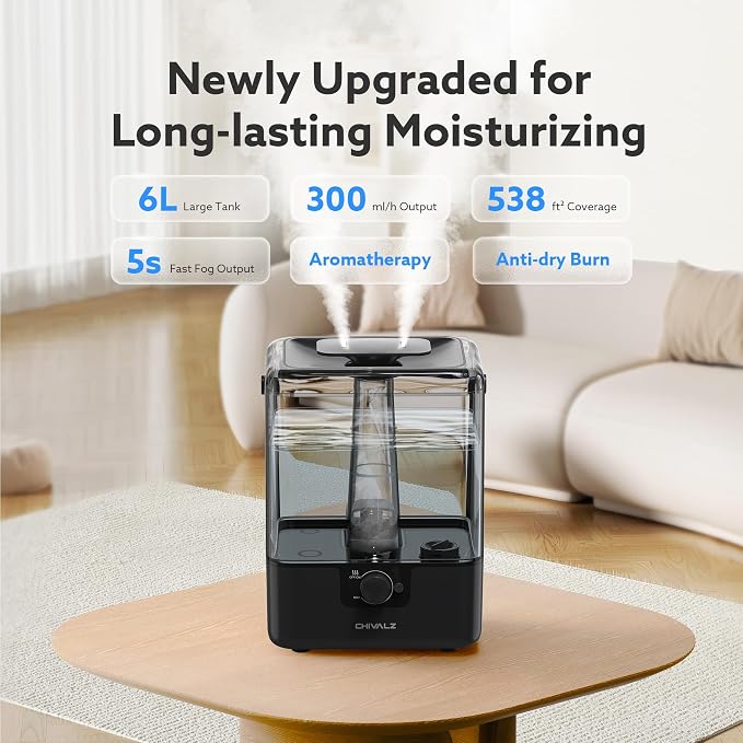 CHIVALZ Humidifiers for Bedroom Large Room Home, 6L Cool Mist Humidifier for Baby and Plant, Oil Diffuser, Top Fill Humidifier with Night Light, Quiet 26dB, Up to 50H, Black 1Pack - Image 2
