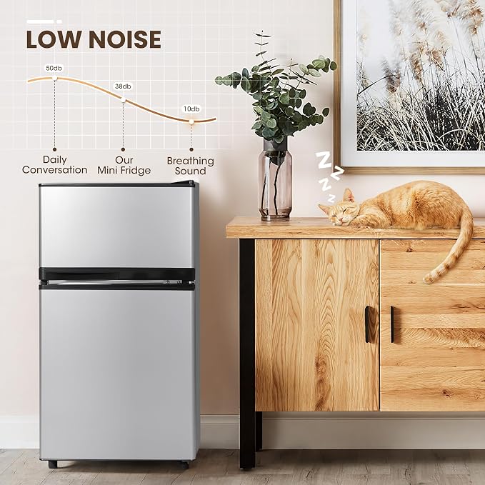 3.6 Cu.Ft Refrigerator with Freezer for Kitchen Office, Silver | Double Door Small Fridge with Freezer, 7-Level Thermostat, Adjustable Shelves & Quiet Operation for Dorm and Bedroom - Image 5