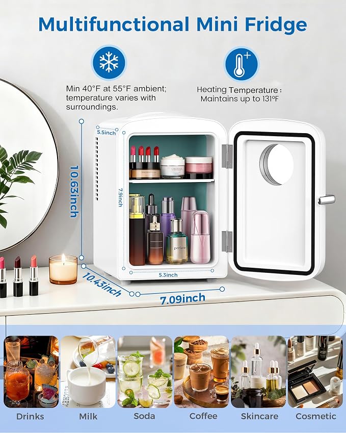 Electactic Mini Fridge for Skincare, 4L/6 Cans Portable Compact Cosmetic Fridge, Desktop Fridge with AC/DC Adapters, Observation Window, Small Cooler and Warmer for Beverage, Makeup, Bedroom, White - Image 3