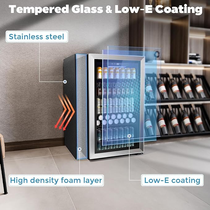 COWSAR Wine Cooler, 26 Bottle 130 Can Beverage Refrigerator, ETL Approved Mini Drink Fridge Clear Glass Door Quiet Compressor Adjust Temp 3.2 Cu.Ft Wine Fridge for Soda Beer - Image 6