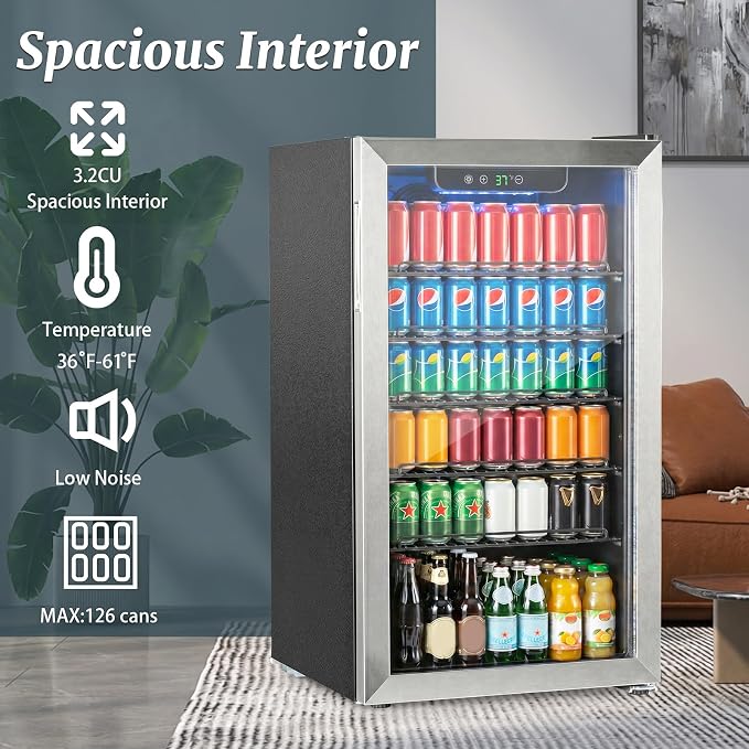 DOGHLY 3.1 Cu.ft Mini Fridge Glass Door, 126 Cans Beverage Refrigerator | Drink Fridge for Soda Beer Wine, Digital Temperature Control, Removable Shelf, Quiet Beverage Cooler for Office, Dorm, Bar - Image 3