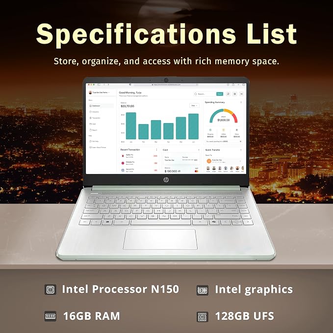 HP Stream 14" HD Laptop, Intel Processor N150, 16GB RAM, 128GB UFS, Intel Graphics, Copilot, Fast Charge, Wi-Fi 6, Win 11 S, Green (Renewed) - Image 2