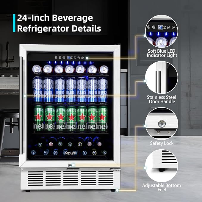 24 Inch Beverage Refrigerator, 180 Cans Built-in Beverage Cooler with Glass Door, Under Counter or Freestanding Drink Fridge with LED Light & Adjustable Shelves For Home Bar Office - Silver - Image 5