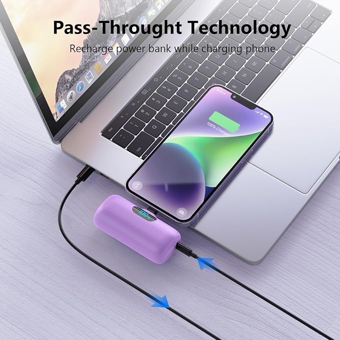 Mini Portable Charger for iPhone,Upgraded 5000mAh PD Fast Charging Battery Pack,LCD Display Cute Power Bank Portable Phone Charger for iPhone 14/14 Pro Max/13/13 Pro/12 Pro/11/XS/XR/X/8/7/6-Purple - Image 5