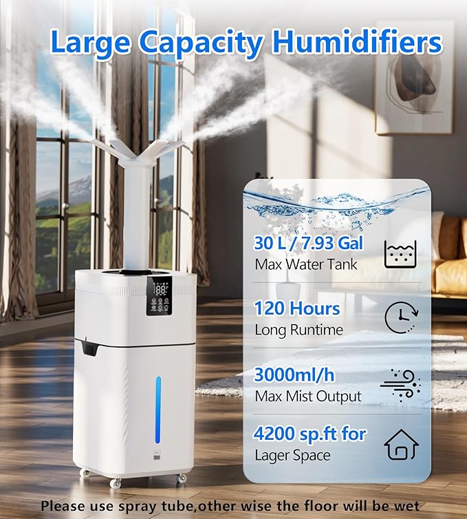 30L/7.93Gal Humidifier Large Room 4200 ft², Supersized Cool Mist, 120H Quiet Humidifiers for Bedroom, 3000mL/h Mist Output, Touch/Remote Control, Humidifiers for Home, Whole House, Plant, White - Image 3