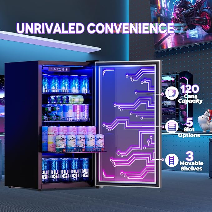 Cyberpunk Beverage Cooler, 130 Can Mini Fridge, LED Light Door, Gaming Room | Colorful LED Ambient Lighting, Freestanding for Bar & Party, Adjustable Shelves for Cans & Bottles - Image 3
