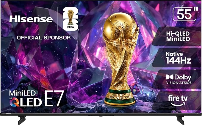 Hisense 55" E7 Cinema Series Hi-QLED Mini-LED 4K UHD Smart Fire TV (55E7SF, 2026 NEW) - Native 144Hz, AI Picture, Dolby Vision IQ · Atmos, FALD, HDR10+ Adaptive, MEMC, Alexa+ by Hisense