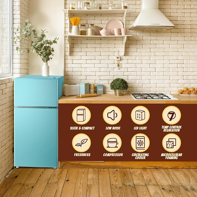2.4 Cu.ft Mini Fridge Small Refrigerator Dual Door Plastic Shelves Apartment Size Fridge for Personal Seven Temp Gear Blue - Image 3