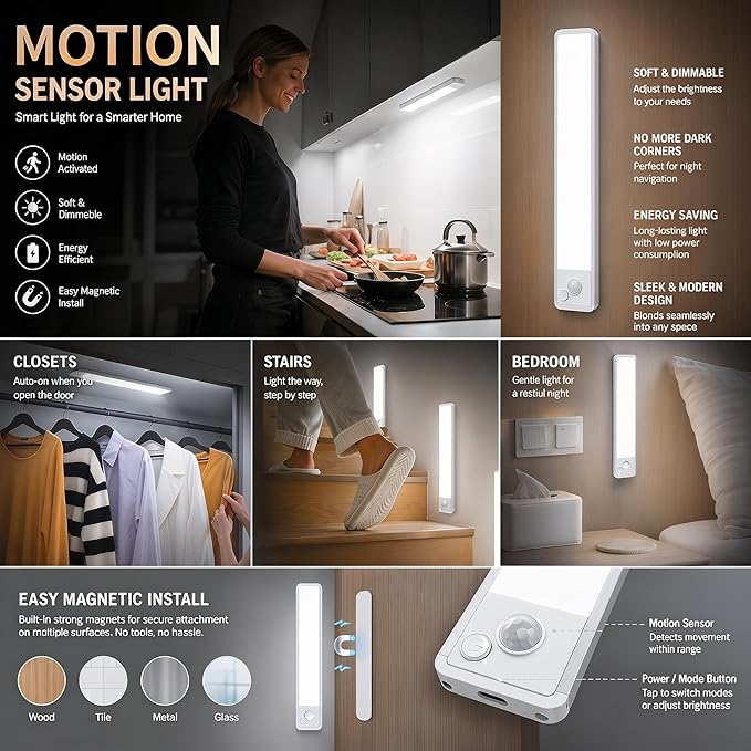 Under Cabinet Lighting: 12 Inch 3-Color Dimmable Rechargeable Motion Sensor - Image 3