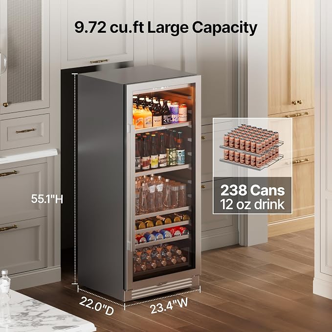 Ca'Lefort Beverage Refrigerator Cooler - 24 Inch Beverage Fridge 238 Can with Glass Door, Built-in or Freestanding Refrigerator with 3 Color LED, Drink Cooler for Soda Beer or Wine (Right-Hinged) - Image 3
