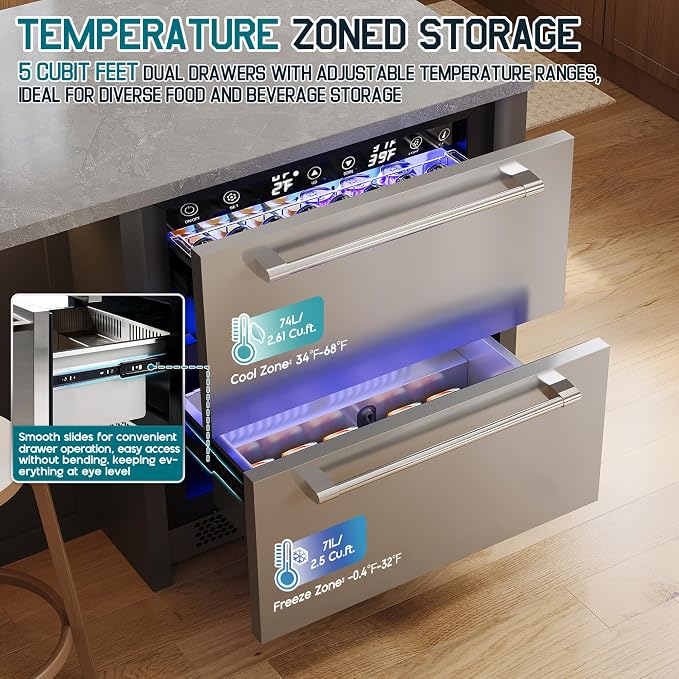 Albott 24 Inch Under Counter Drawer Fridge, Dual-Zone Beverage Refrigerator | Stainless Steel Design, LED Touch Control, Adjustable Storage, Frost-Free, Low Noise, 34℉-68℉, -0.4℉ to 32℉ - Image 2