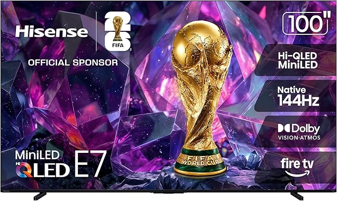 Hisense 100" E7 Cinema Series Hi-QLED Mini-LED 4K UHD Smart Fire TV (100E7SF, 2026 NEW) - Native 144Hz, AI Picture, Dolby Vision IQ · Atmos, FALD, HDR10+ Adaptive, MEMC, Alexa+ by Hisense
