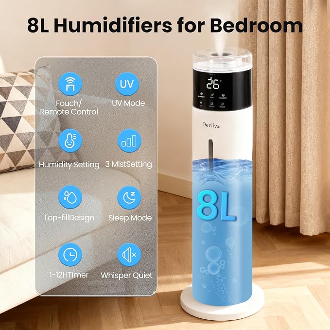Large Humidifier for Bedroom, 8L/2.1Gal Ultrasonic Cool Mist, Remote control,Easy Clean with 350ML/H Large Mist Speed, Suitable for Kids Room Plant Yoga Study Room Office (White) - Image 3