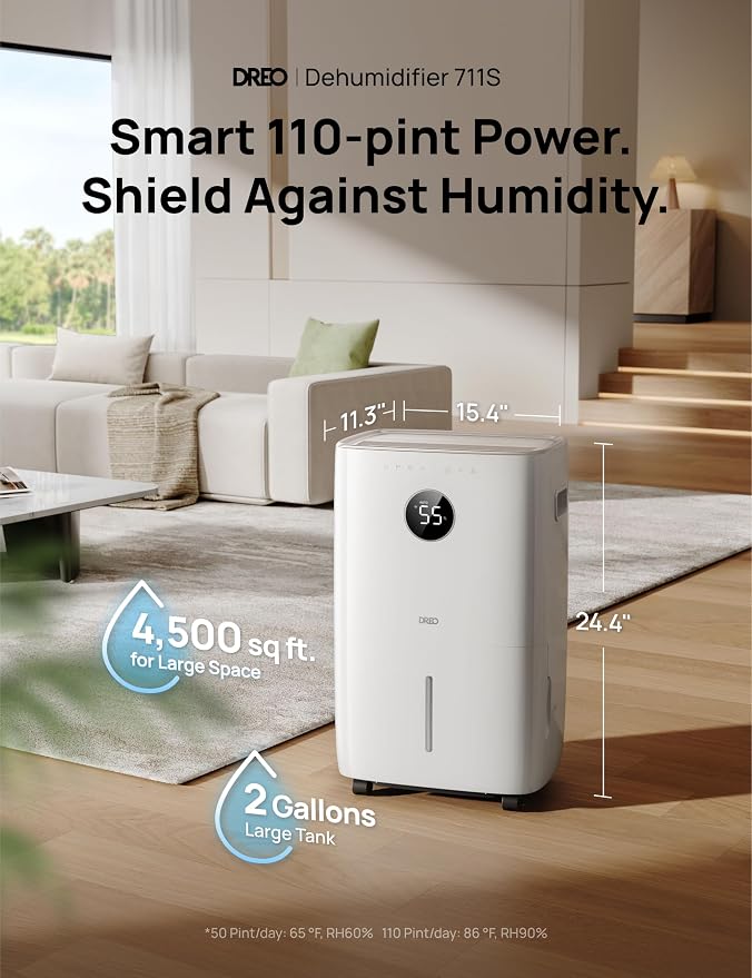DREO 110-Pint Smart Dehumidifier for Basement, 4500 Ft² for Large Room, 2 Gallon Water Tank, Auto/Comfort/Constant Mode Dehumidifiers for Home, Bedroom, Bathroom, with Drain Hose, Starlight, 711S - Image 2