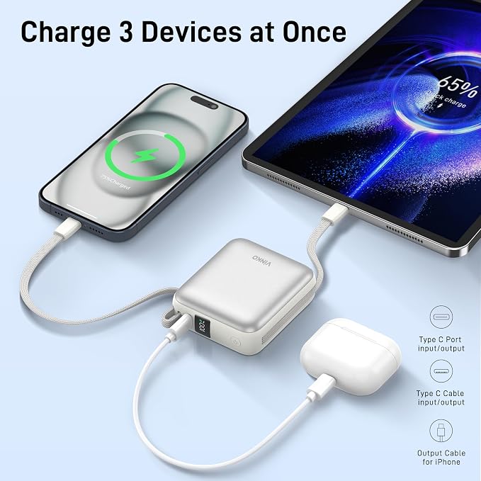 VINKO Small Portable Charger, 22.5W Fast Charging Mini Power Bank 10000mAh with Built-in Cables, Travel Essential USB-C Battery Pack Compatible with iPhone 17/16/15, Samsung S25/24, Android (White) - Image 5