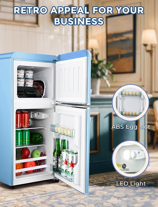 Anypro 3.2 Cu.Ft Refrigerator, Retro Double Door Fridge with Freezer, 7 Adjustable Temperature Settings, Removable Glass Shelves for Dorm, Office, Bedroom, Apartment, Sky Blue - Image 5