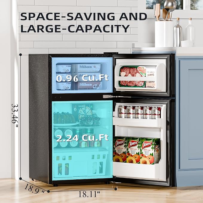 Kismile 3.2 Cu.Ft Mini Fridge with Freezer, 2 Door Dorm Refrigerator Black | Adjustable Thermostat, Removable Shelves, Food & Beverage Storage, Dorm Mini Fridge for Bedroom/ Office/ College/ Apartment - Image 3