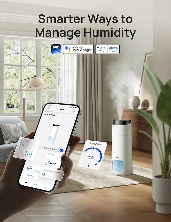 DREO 16L Smart Humidifier Large Room 1000 ft², 130H Cool Mist Air Humidifiers for Bedroom Plants Baby, Top Fill, Remote/Touch/Voice & APP Control, Clean Tank Technology, 30dB, RGB Light, HM755S White - Image 5