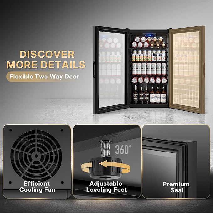 130 Can Beverage Refrigerator, 3.2 Cu.ft Mini Fridge, Glass Door, Black | 34-64°F, LED Interior Light, Adjustable Removable Shelves, Beverage Cooler for Bedroom, Office, Bar - Image 5