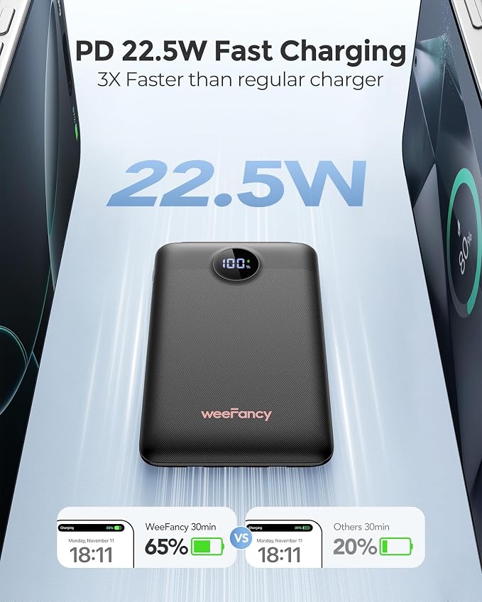 WeeFancy Mini Portable Charger with Built-in Cables 22.5W Fast Charging Power Bank USB-C Small Battery Pack 10000mAh Travel Essential Slim Battery for iPhone 17/16/15/14, Samsung 25/24, and More - Image 4