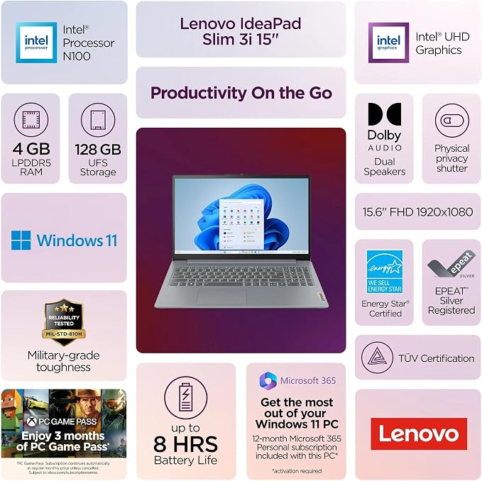 Lenovo IdeaPad Slim 3i • 15.6" FHD Laptop with Microsoft Office 365 • Intel 4 Cores • 128GB SSD • DDR5 • Quick Setup, Lightweight • Win 11 - Image 2
