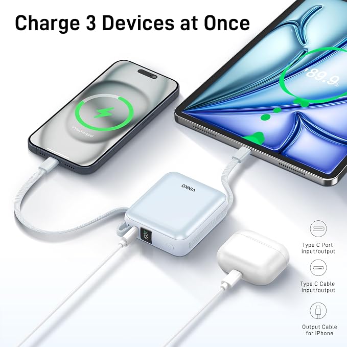 VINKO Portable Charger with Built-in Cable, 10000mAh 22.5W Fast Charging USB C Battery Bank, Cell Phone Power Bank for iPhone 16 15 14 Samsung Galaxy S24 S23 Series Android Tablet (Blue) - Image 3