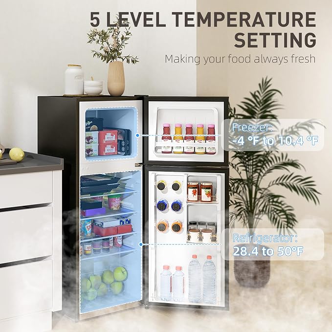 HOMCOM 4 Cu.Ft Mini Fridge with Freezer Double Reversible Door Black | Compact Refrigerator, Adjustable Thermostat, Shelf, for Bedroom Dorm Home Office, Energy Efficient - Image 4
