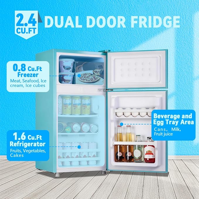 Mini Fridge with Freezer 2.4 Cu.ft Mini Refrigerator Double Doors Dorm Fridge Compact 7 Modes Temp Suit for Apartment Bedroom Office Blue - Image 2
