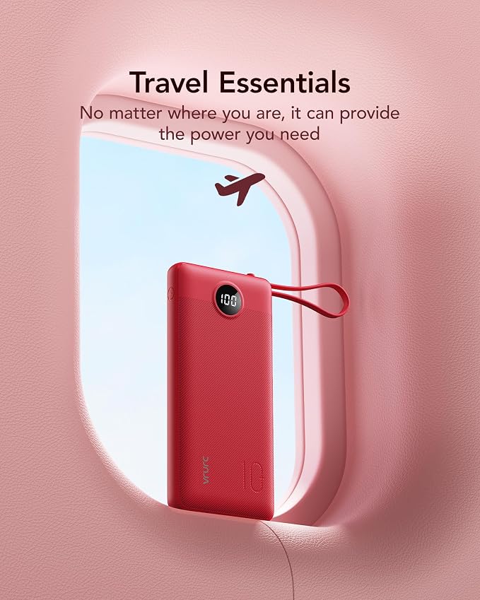 VRURC Portable Charger, 10000mAh Power Bank Built in Cables for iPhone, Slim Compact Travel Essential, 5 Outputs 2 Inputs USB C Battery Pack for iPhone 17 16 15 14 13, Samsung, Android etc-Magenta - Image 6