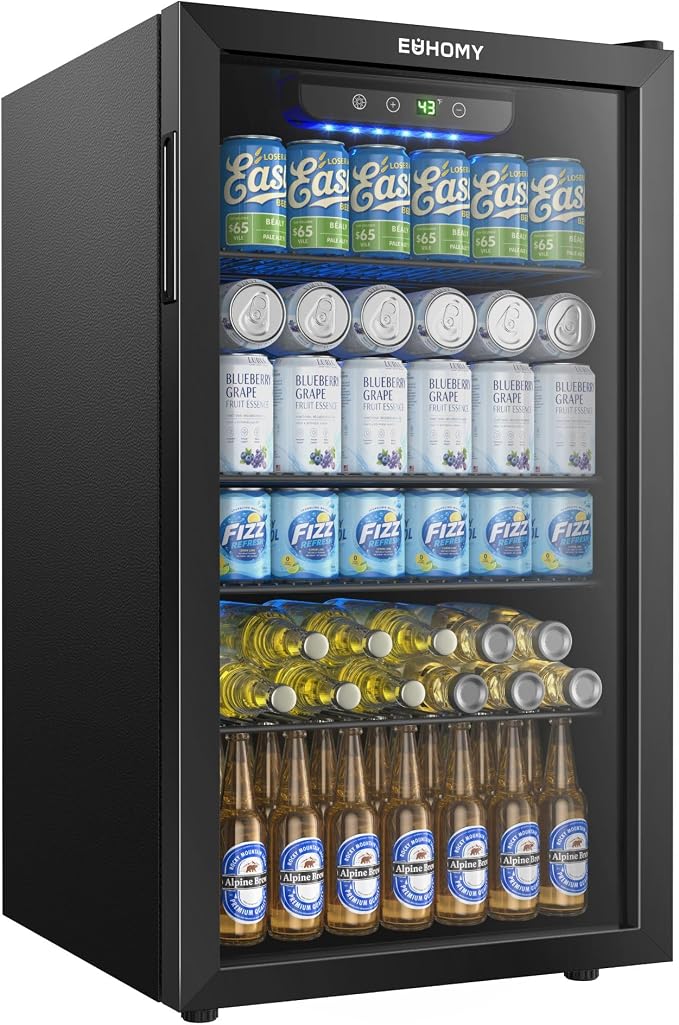 EUHOMY Beverage Refrigerator and Cooler, 128 Can Mini fridge with Glass Door, Small Refrigerator with Removable Shelves for Soda Beer or Wine, Home/Bar/Office, Black by EUHOMY