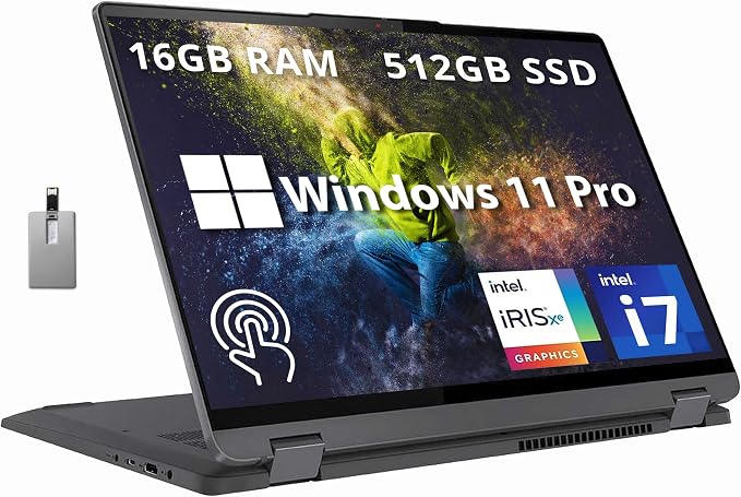 Lenovo IdeaPad Flex 5 16"" 2-in-1 2.5K IPS Touchscreen Laptop, Intel Core i7-1255U, 16GB RAM, 512GB SSD, Backlit Keyboard, Fingerprint Reader, Win 11 Pro, Storm Grey, 32GB Hotface USB Card, Gray by LENOVO