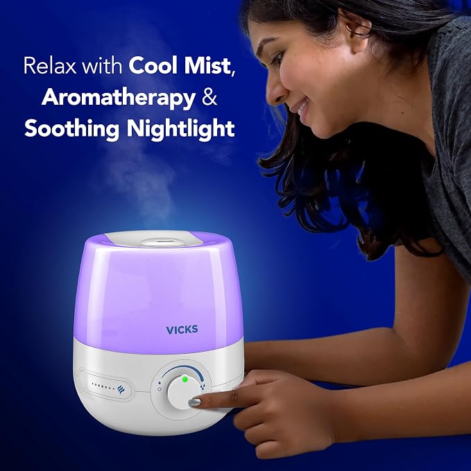 Vicks NaturalCare Cool Mist Ultrasonic Humidifier, Small Room Humidifier for Bedroom, Diffuser with Nighttime Light, Works with Vicks VapoPads, White - Image 3