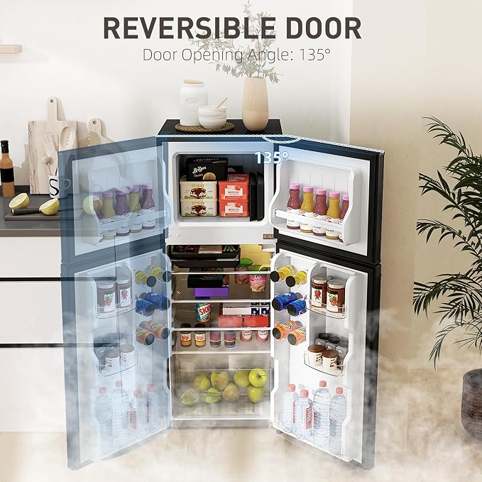 HOMCOM 4 Cu.Ft Mini Fridge with Freezer Double Reversible Door Black | Compact Refrigerator, Adjustable Thermostat, Shelf, for Bedroom Dorm Home Office, Energy Efficient - Image 5