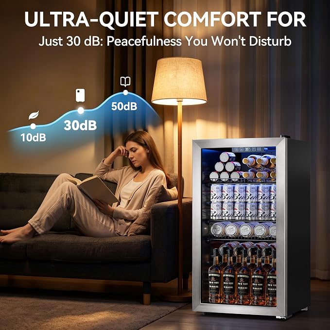 3.2 Cuft Beverage Fridge, 130 Can Mini Fridge With Glass Door, Silver | Adjustable Shelves for Wine & Beer, Digital Temp Display, Freestanding for Home & Office, Quiet Compressor Cooling - Image 8