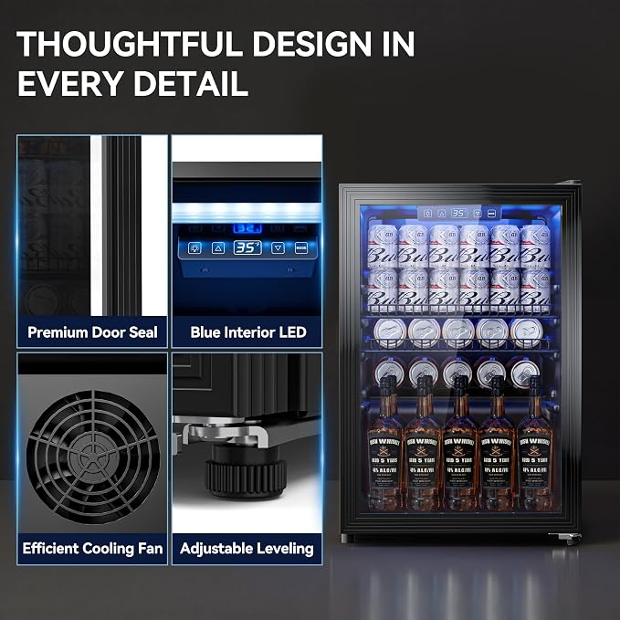Tehanld 2.5 Cu.Ft Beverage Fridge, Glass Door Mini Fridge, Black, 96 Can | Adjustable Shelves for Wine & Beer, Digital Temp, Holds Up to 96 Cans, Freestanding for Home & Office - Image 8