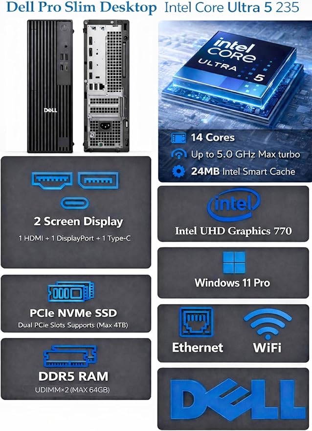 Dell Pro Slim QCS1250 Business Desktop Computer, Intel Core Ultra 5 235(Beats i7-12700), 32GB DDR5, 1TB PCIe SSD, Dual 4K Monitor Support, USB-C, HDMI, RJ-45, Wi-Fi, Wired KB & Mouse, Win 11 Pro - Image 2