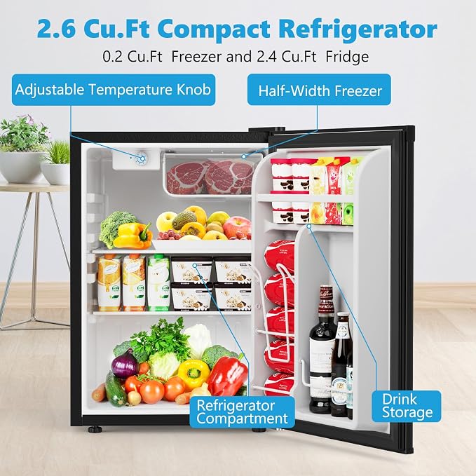 COWSAR 2.6 Cu.Ft Mini Fridge with Freezer for Bedroom Dorm, Black | Single Reversible Door, 7 Temperature Settings, Energy Saving, 2 Removable Glass Shelves, Small Refrigerator for Apartment - Image 2
