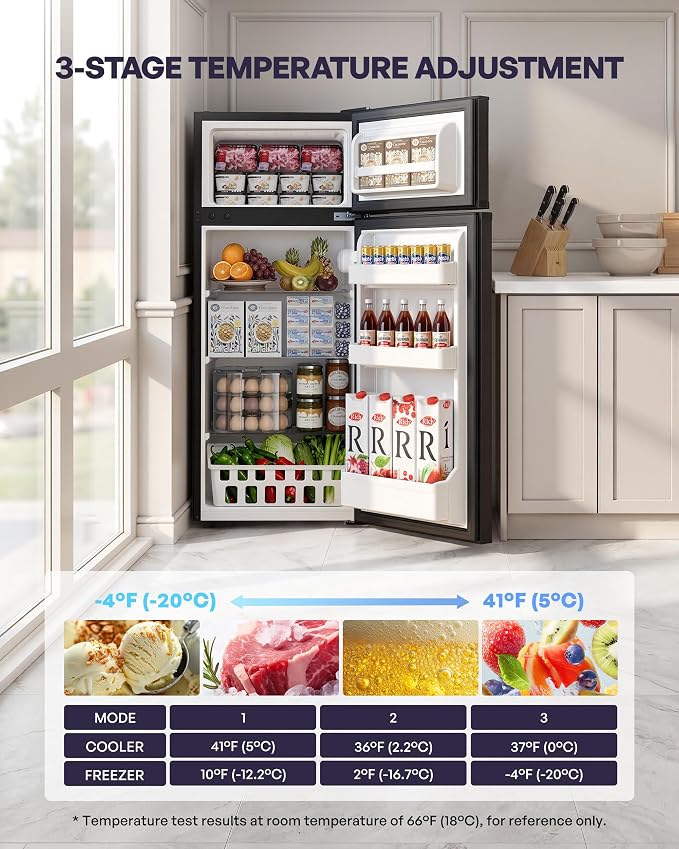 4.5 Cu.Ft Mini Fridge with Freezer, 2 Doors Small Fridge with Adjustable Thermostat & Removable Glass Shelves, Small Refrigerator for Kitchen Office Dorm, Quiet Operation, Black - Image 2