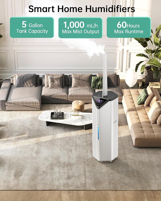 5Gal Smart Humidifier Large Room up to 2800ft², 1000mL/h, APP & Remote Control, 180° Auto Rotating Nozzle, 24H Timer, 60H Supersized Cool Mist Humidifiers for Whole House Home Office Plants - Image 4