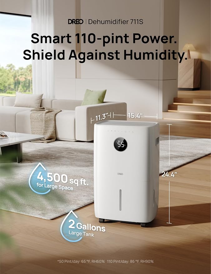 DREO 110-Pint Smart Dehumidifier for Basement, 4500 Ft² for Large Room, 2 Gallon Water Tank, Auto/Comfort/Constant Mode Dehumidifiers for Home, Bedroom, Bathroom, with Drain Hose, White, 711S - Image 2