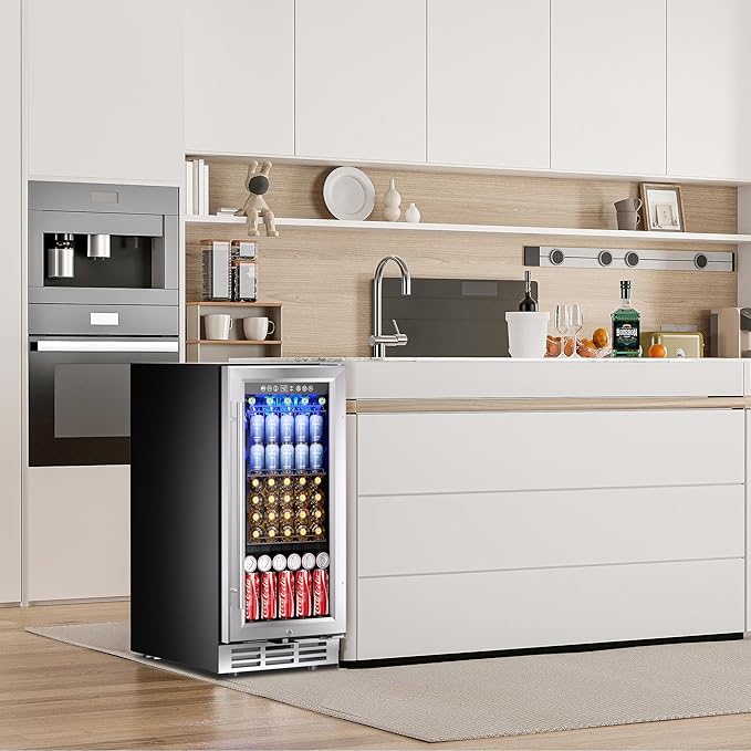 EUHOMY 15 Inch Beverage Refrigerator Cooler Under Counter 127 Cans Beverage Fridge Built-in or Freestanding with Glass Door, LED Light, Beer Fridge for Soda, Water, Wine - Home Kitchen Bar. - Image 7