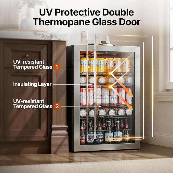 Ca'Lefort 155 Cans Mini Fridge, Beverage Refrigerator Cooler for Drink/Beer | 4.59 Cu.ft, Low-noise, Reversible Glass Door, 3-Color LED Lighting, Adjustable Shelves, 34℉ to 54℉ | Home Dorm Office Kitchen - Image 3